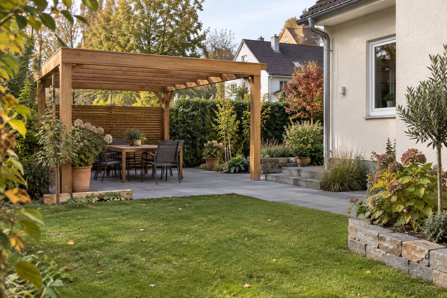 Garten mit Holzüberdachung und gepflastertem Sitzplatz