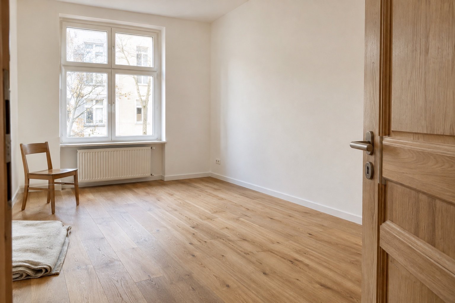 Heller Innenraum mit gestrichenen Wänden und Holzboden