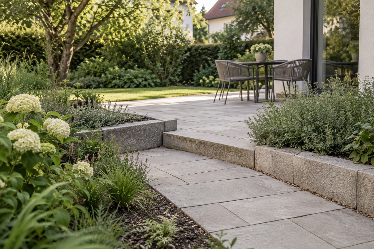 Gepflasterter Gartenweg mit Mauereinfassung und Bepflanzung
